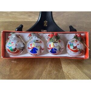 Christmas Ornaments Set of 4 Santa Snowman Sleigh Reindeer Holiday Tree Decor